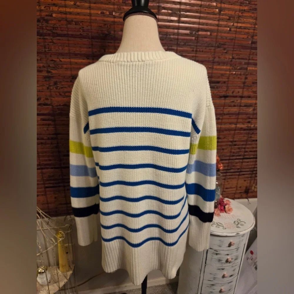 Talbots White Crewneck Sweater with Blue and Lime Stripes - Picture 3 of 8